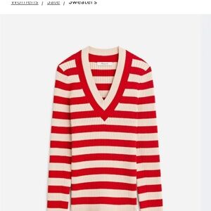 Madewell V-Neck Sweater in Red and Cream Stripes